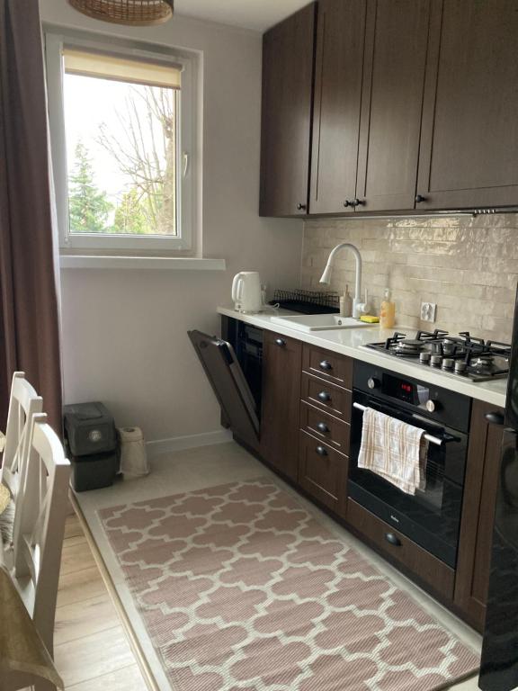 a kitchen with a stove and a sink and a window at Apartament Mickiewicza in Busko-Zdrój