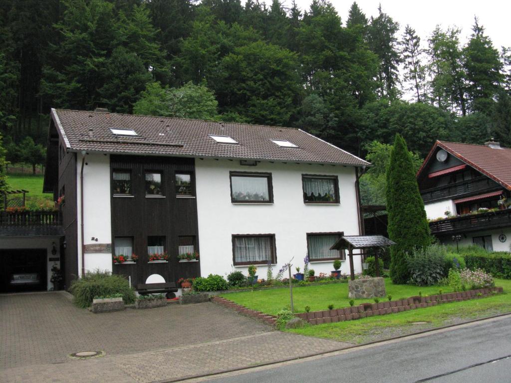 uma casa branca com um telhado preto em Ferienwohnung Gohlke em Kamschlacken