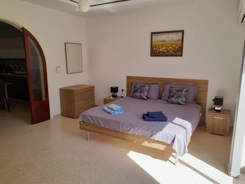 1 dormitorio con 1 cama grande con almohadas moradas en Nicely Furnished Holiday Apartment in Bugibba, en St Paul's Bay