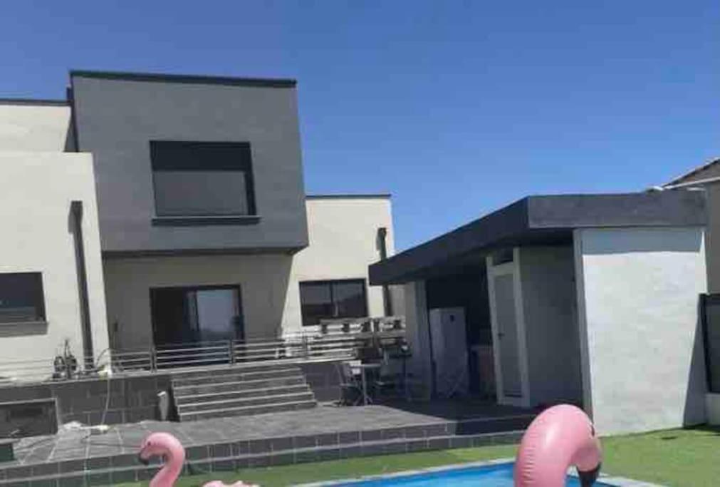 梅茲的住宿－Proche plage ,lumineux, confort et bien situé，庭院中带游泳池和粉红色火烈鸟的房子