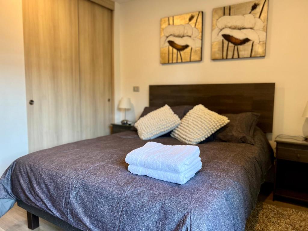 una camera da letto con un letto e due asciugamani di Lindo y Confortable departamento en Pucón a Pucón