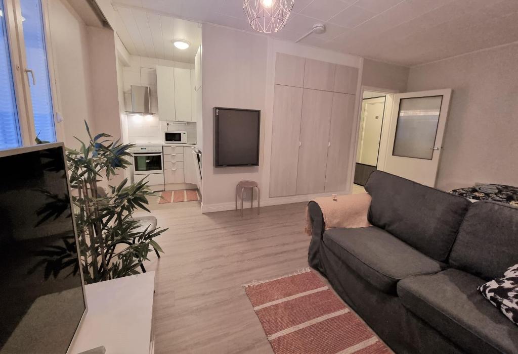 a living room with a couch and a kitchen at Studio Porin Otso, home away home in Pori city center in Pori
