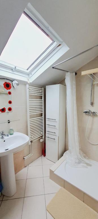 W łazience znajduje się umywalka, wanna i świetlik. w obiekcie Appartement 3 pièces avec Piscine w mieście La Ferté-Gaucher