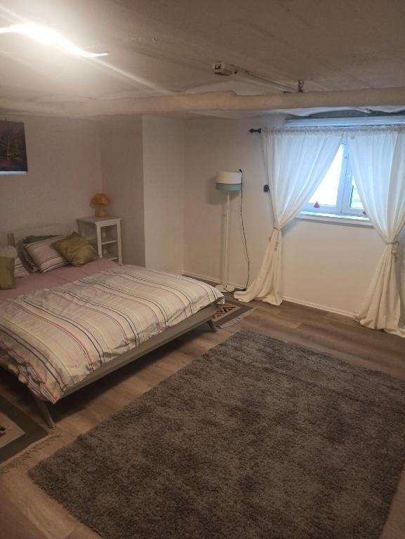 1 dormitorio con cama y ventana grande en 1 oder 2 Monteurzimmer nahe Flughafen, en Rüsselsheim