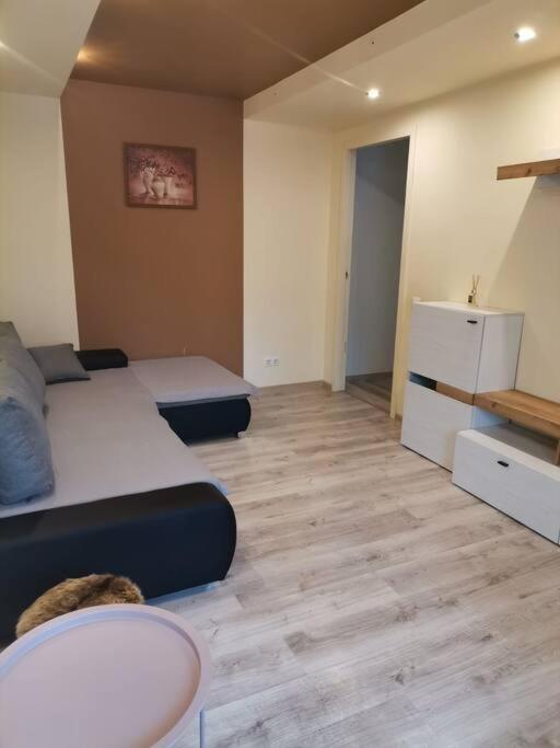 een slaapkamer met 2 bedden en een houten vloer bij Cozy two-room apartment in Liepāja