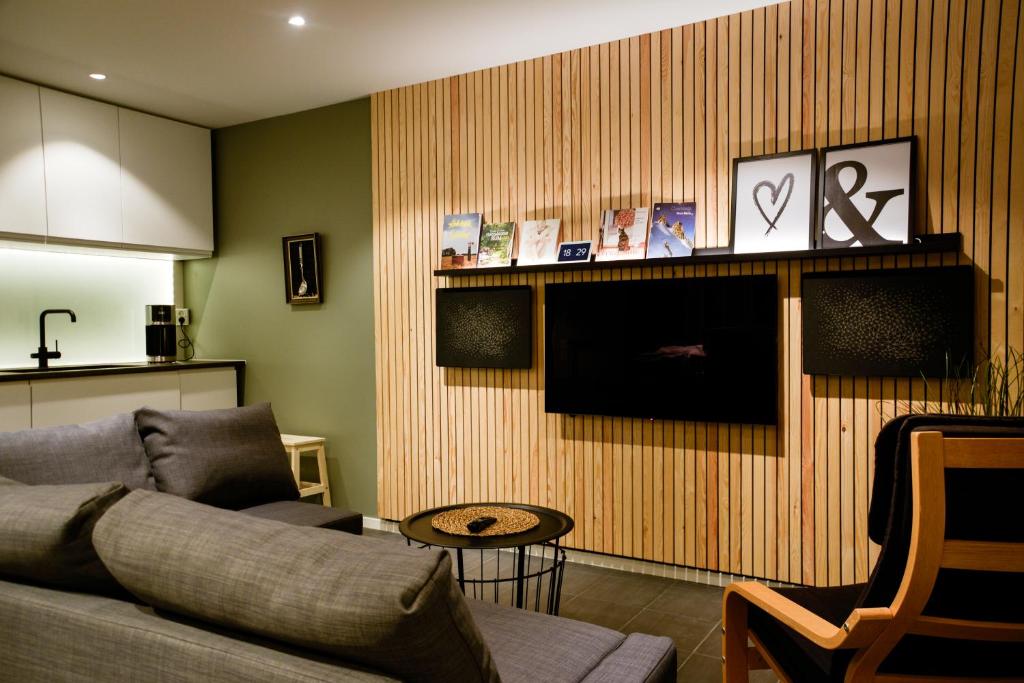 a living room with a couch and a tv at Newly built accommodation in Skrea - Falkenberg in Falkenberg