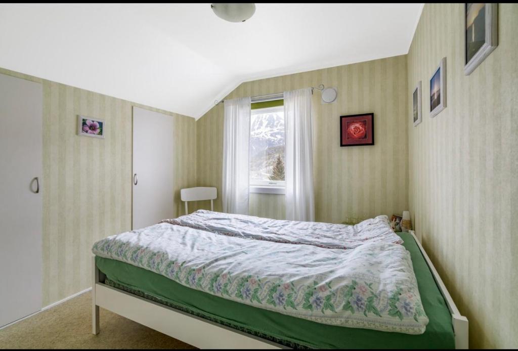 Un dormitorio con una cama en una habitación con ventana. en Charming holiday home, en Tromsø