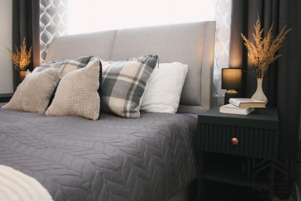 een slaapkamer met een bed met kussens en een nachtkastje bij Rics Apartment in Valga