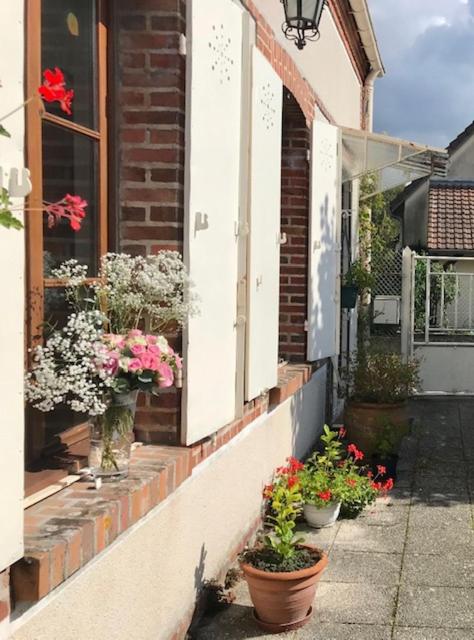 une fenêtre avec des pots de fleurs sur le côté du bâtiment dans l'établissement Maison 5 chambres à Lamotte, entre canal et centre équestre, à Lamotte-Beuvron