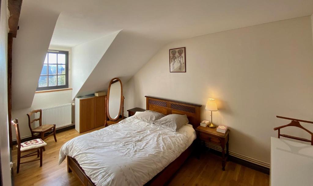 a bedroom with a large bed in a attic at Maison 5 chambres à Lamotte, entre canal et centre équestre in Lamotte-Beuvron