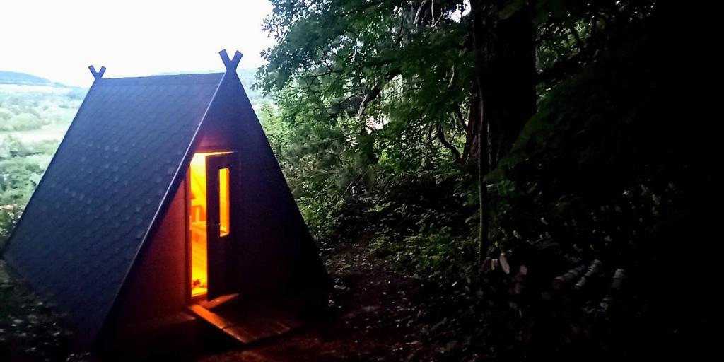 una pequeña casa con una puerta en el bosque en Gîte de groupe nature proche Nancy en Marbache