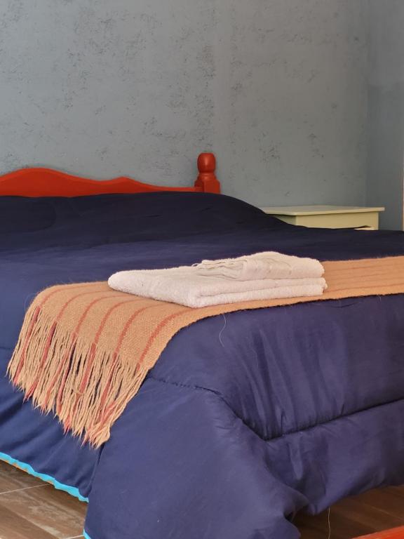 1 cama con edredón azul y manta en Don Rosendo en Volcán