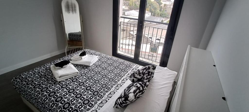 1 dormitorio con 1 cama en blanco y negro y ventana en Kiana Mirador Sherry, parking gratis, en Jerez de la Frontera