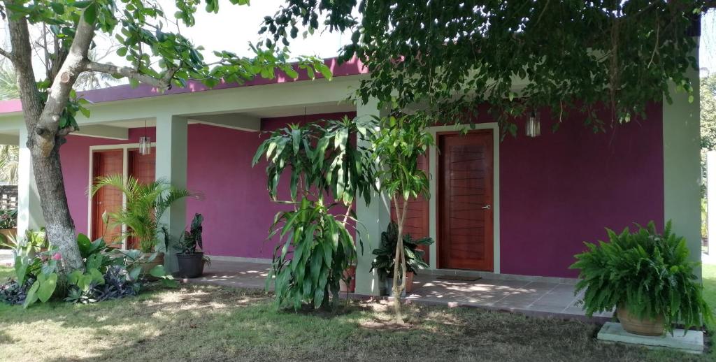 una casa viola con un albero di fronte di La Morada, una ventana al golfo - Hotel boutique a Monte Gordo