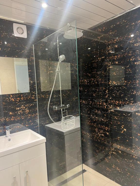 a bathroom with a glass shower with a sink at Montreal House in Barkingside