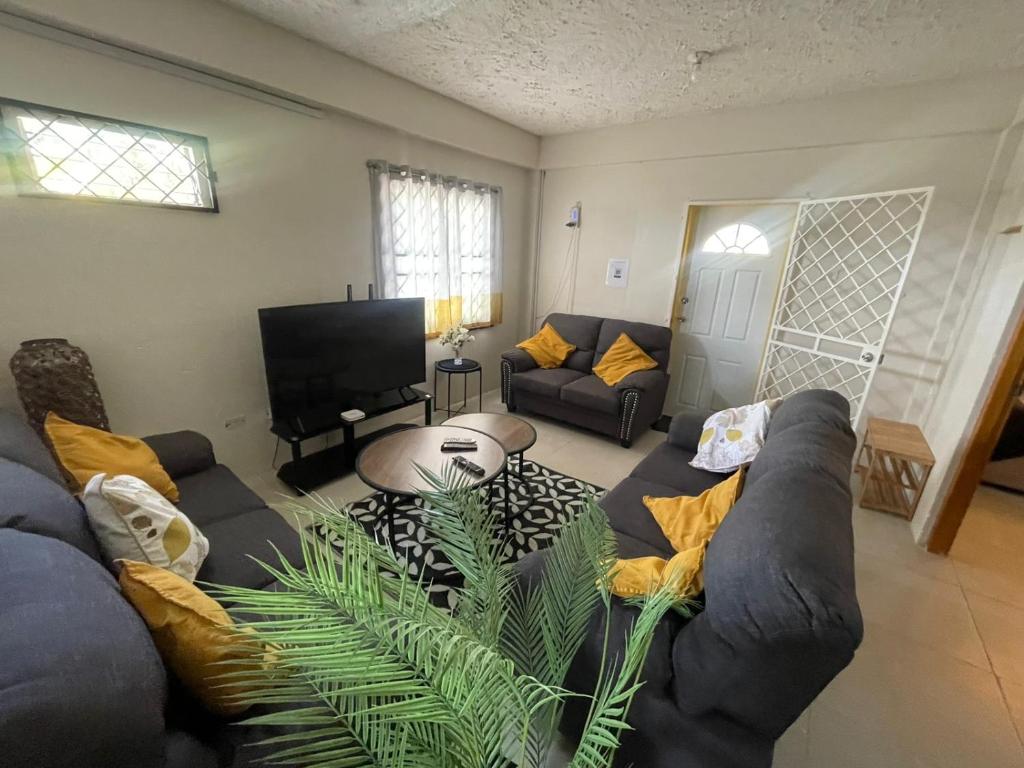 a living room with a couch and a tv at Mango Vert House in Arima