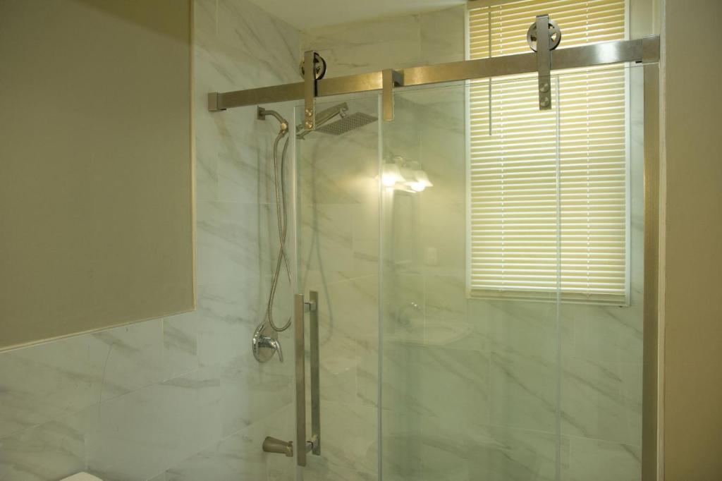 um chuveiro com uma porta de vidro na casa de banho em Z & Z APARTMENT 3 em Newark