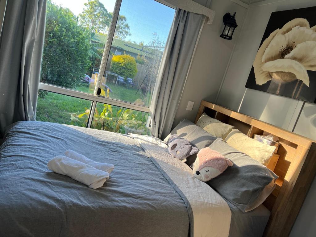 um quarto com uma cama com almofadas e uma janela em XYL Pets Friendly Opened Spacious Seaside Boutique Guesthouse em Caloundra