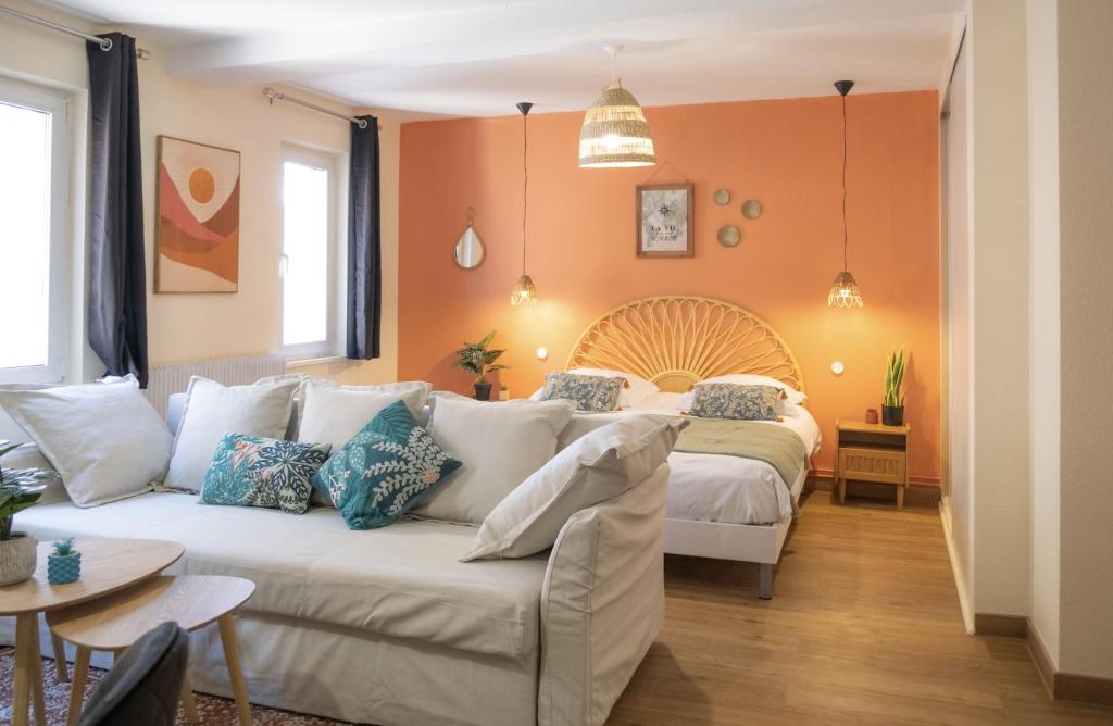 a living room with a bed and a couch at Centre Ville - Cocon Des Bois - Gare in Saverne