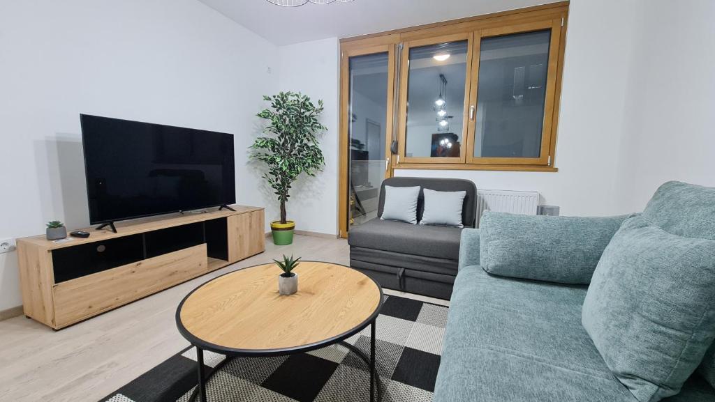 salon z kanapą, telewizorem i stołem w obiekcie PABLO PICASSO Premium Apartman w Niszu