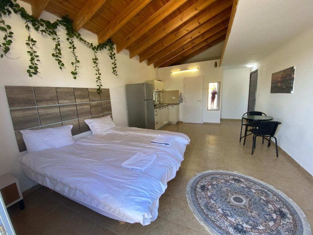 een slaapkamer met een bed en een tafel met een tapijt bij Adi studio in Arad