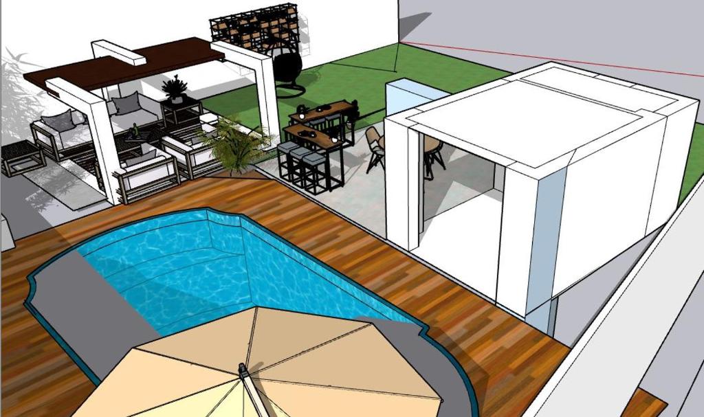 um desenho de uma casa com uma piscina e um guarda-sol em piso vista carretera em Torremolinos