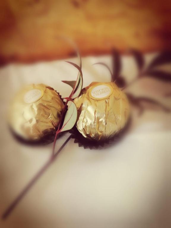 two gold balls sitting on top of a table at Pepper Tree Guesthouse in Bloemfontein