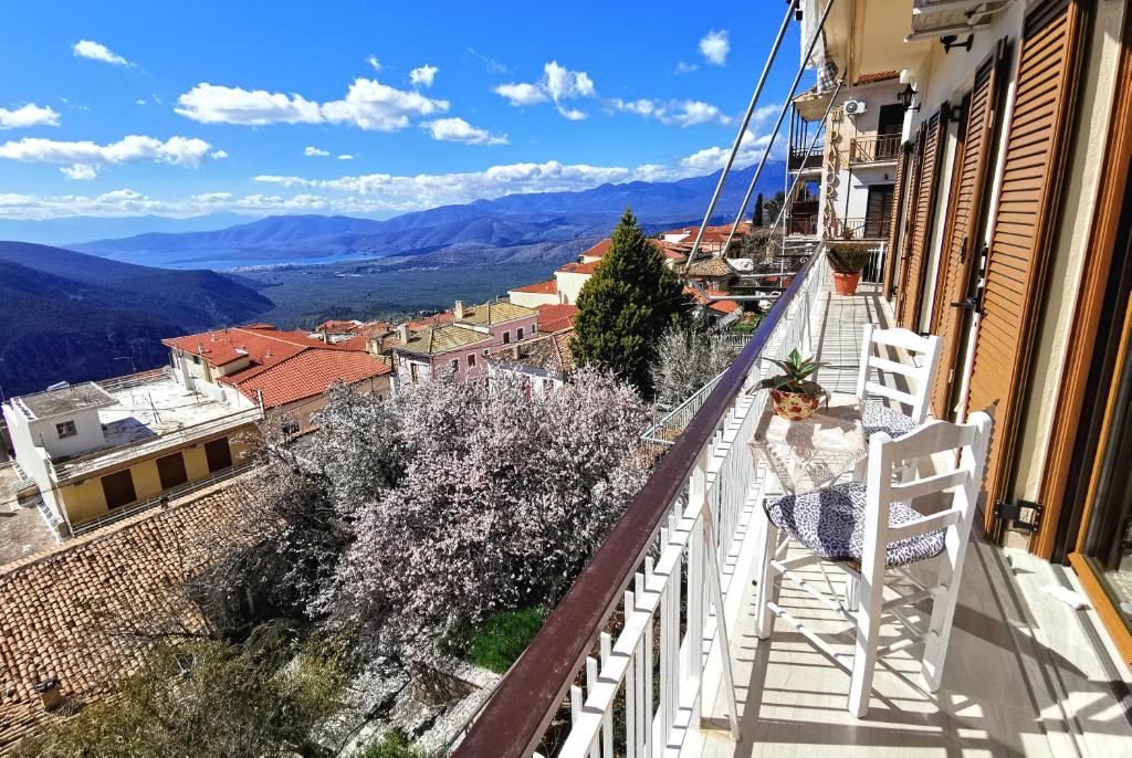 eine Katze, die auf dem Balkon eines Gebäudes sitzt in der Unterkunft Delphic Horizons in Delphi