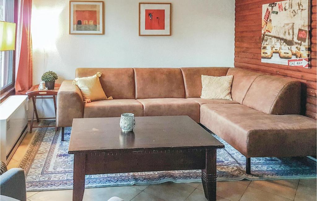 - un salon avec un canapé brun et une table basse dans l'établissement Ferienhaus 22 In Frankenau, à Frankenau