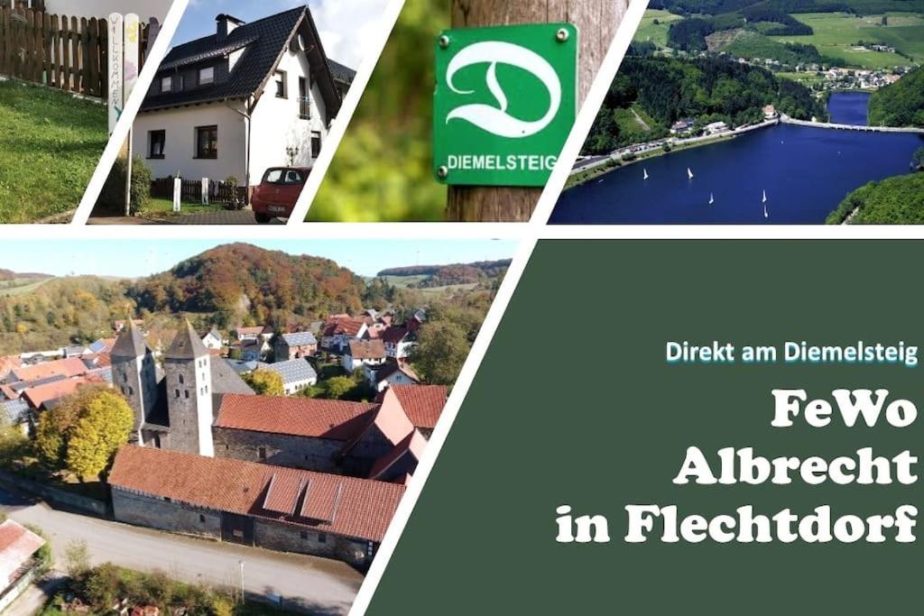 un collage de cuatro fotos de un pueblo en FeWo Albrecht direkt am Diemelsteig, en Diemelsee