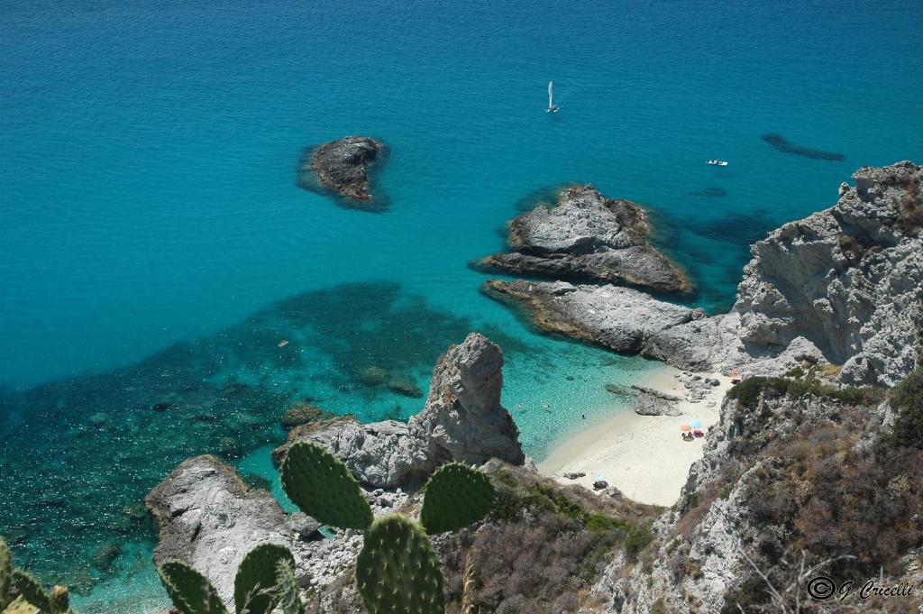 una vista aérea de la playa y del océano en Graceland rooms and suites en Capo Vaticano