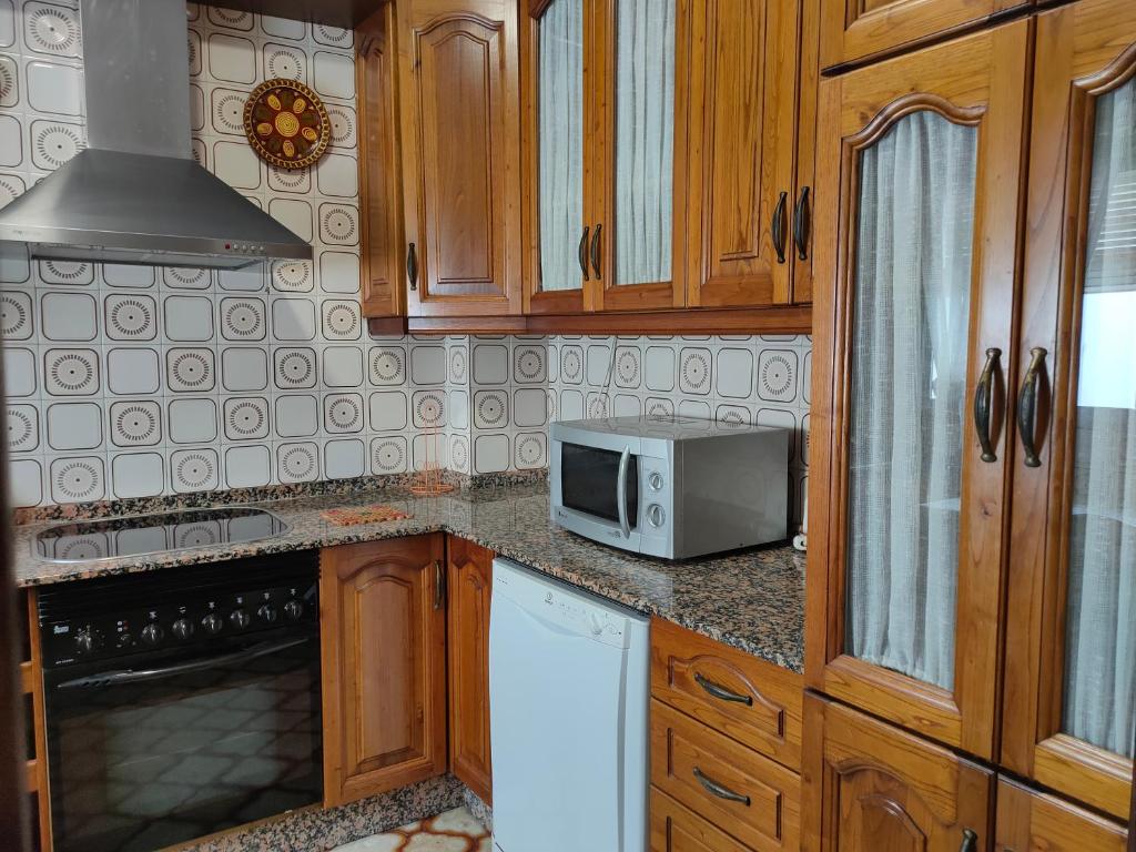 kuchnia z drewnianymi szafkami i mikrofalówką w obiekcie Casa Noria w mieście Conil de la Frontera