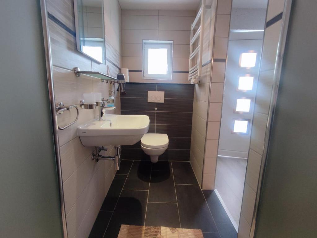 a small bathroom with a sink and a toilet at Gästehaus im Alten Fährhaus in Cochem