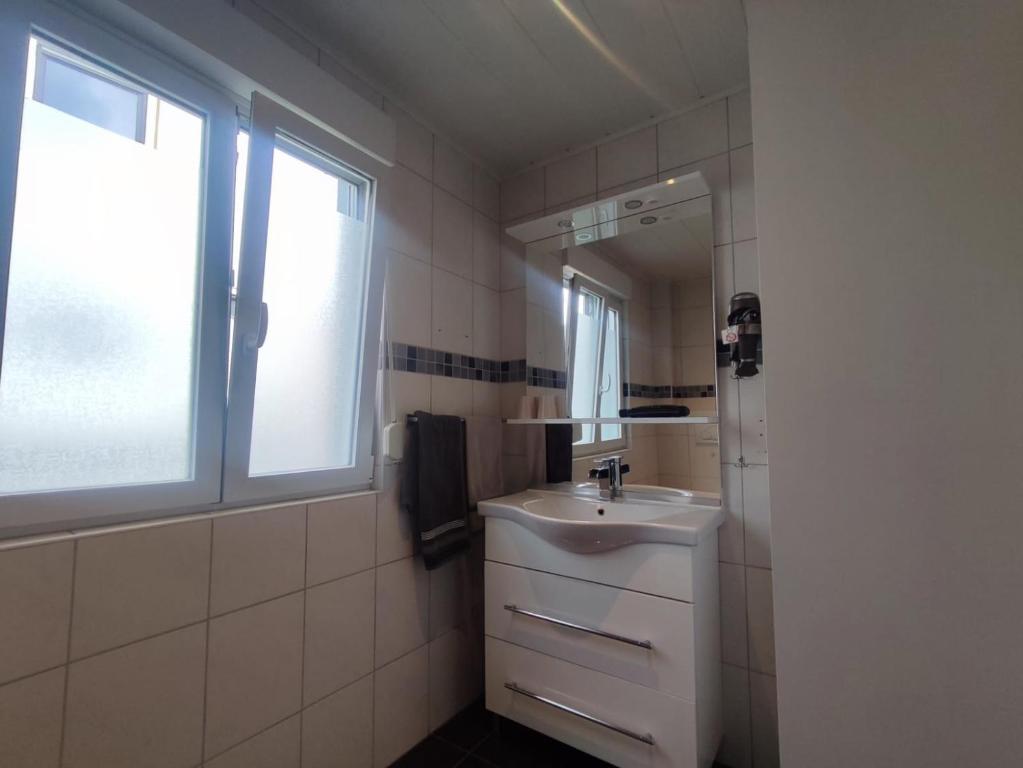 a bathroom with a sink and a mirror at Gästehaus im Alten Fährhaus in Cochem