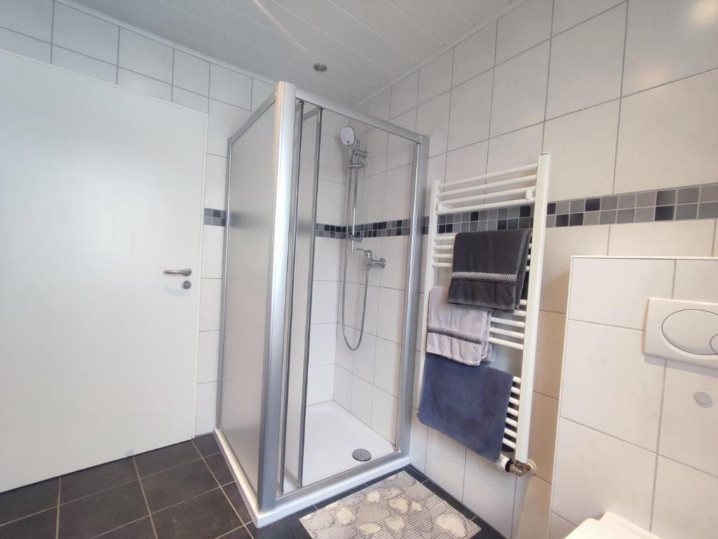 a shower with a glass door in a bathroom at Gästehaus im Alten Fährhaus in Cochem