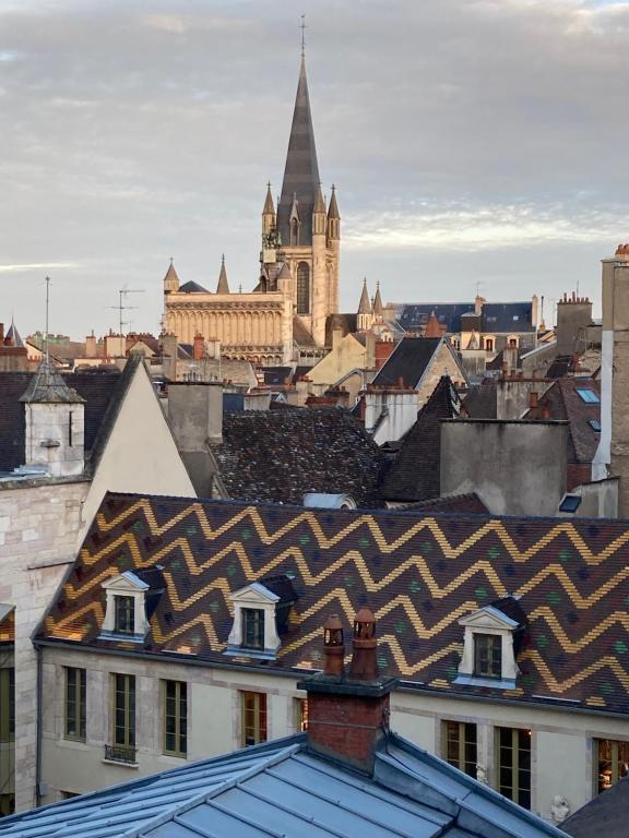 Blick auf eine Stadt mit einer Kirche und Dächern in der Unterkunft Studio Lumineux, Coeur De Ville in Dijon