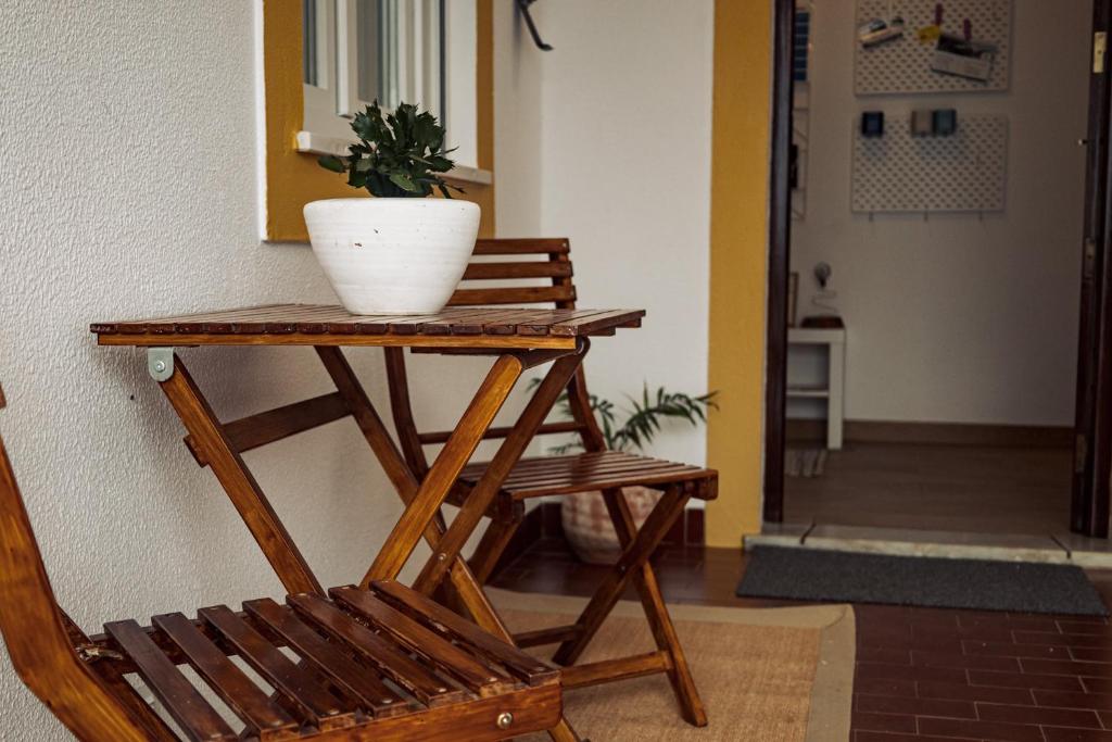a potted plant sitting on a table next to a chair at Breathe In in Zambujeira do Mar