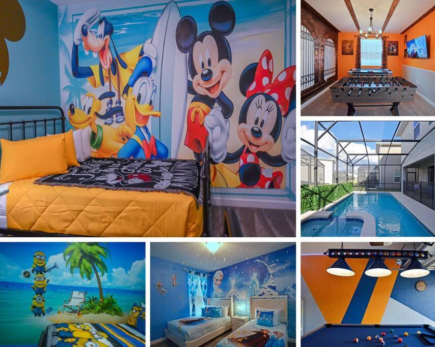 un collage de fotos de un dormitorio con piscina en Amazing 6BR Villa @ Storey Lake Resort Near Disney, en Kissimmee