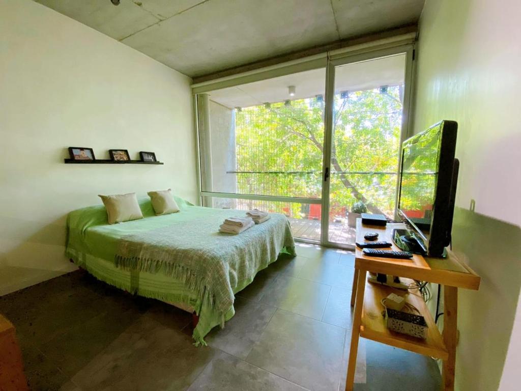 1 dormitorio con 1 cama, TV y ventana en Depto en Belgrano 3 de febrero en Buenos Aires