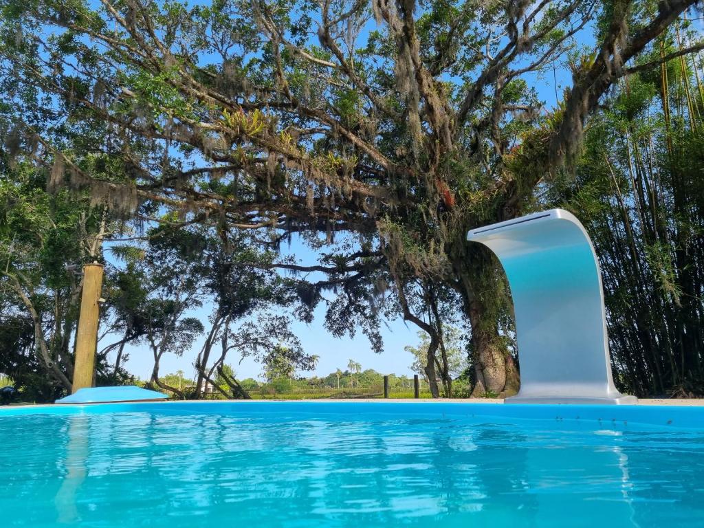 Sítio com piscina Hidromassagem com acesso ao Rio Mampituba في باسو دي توريس: مسبح في خلفية شجرة