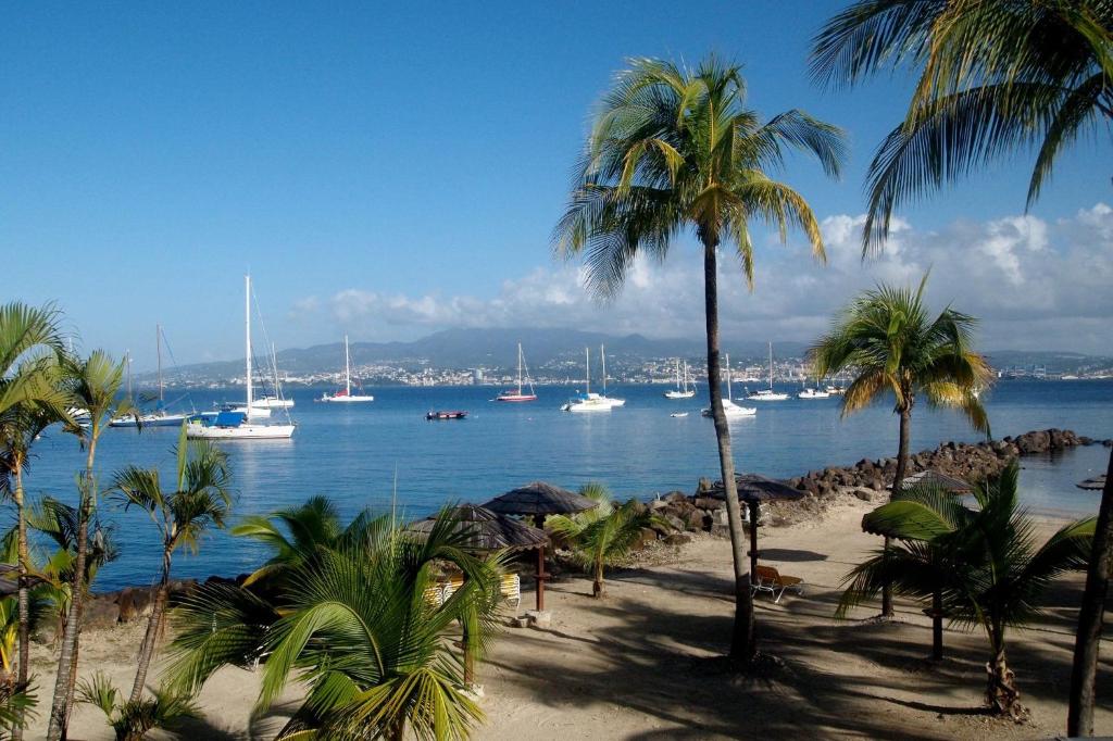 une plage avec des palmiers et des bateaux dans l'eau dans l'établissement T3 Spacieux aux 3 ILETS Terrasse Vue Mer, à Les Trois-Îlets