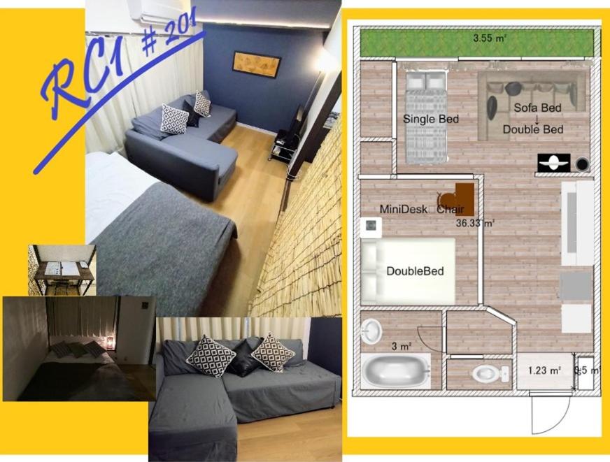 1 dormitorio y sala de estar con 1 cama y 1 sofá en 板橋 RCアネックス Rc201, en Tokio