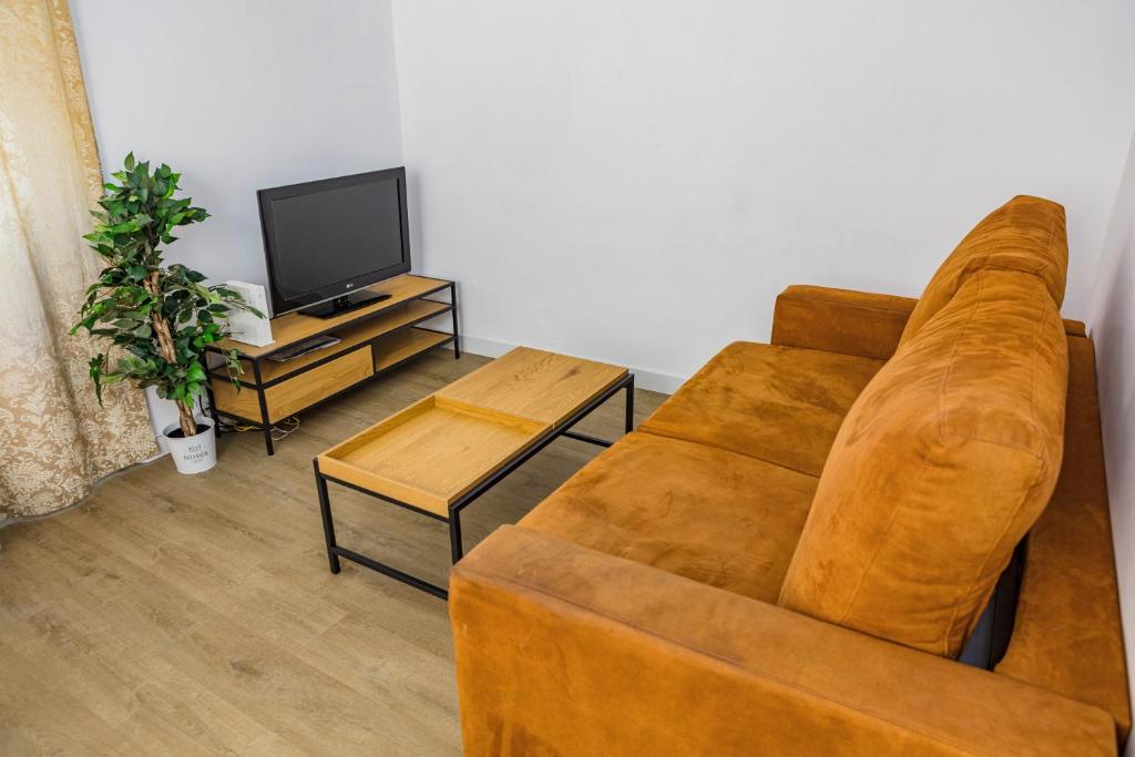 een woonkamer met een bruine bank en een tv bij Apartment Triana in Sevilla