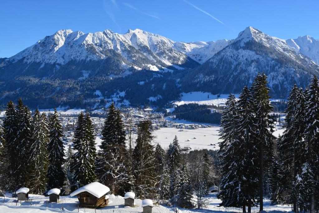 een met sneeuw bedekte bergketen met een huis en bomen bij Ferienwohnung Bergkristall in Oberstdorf