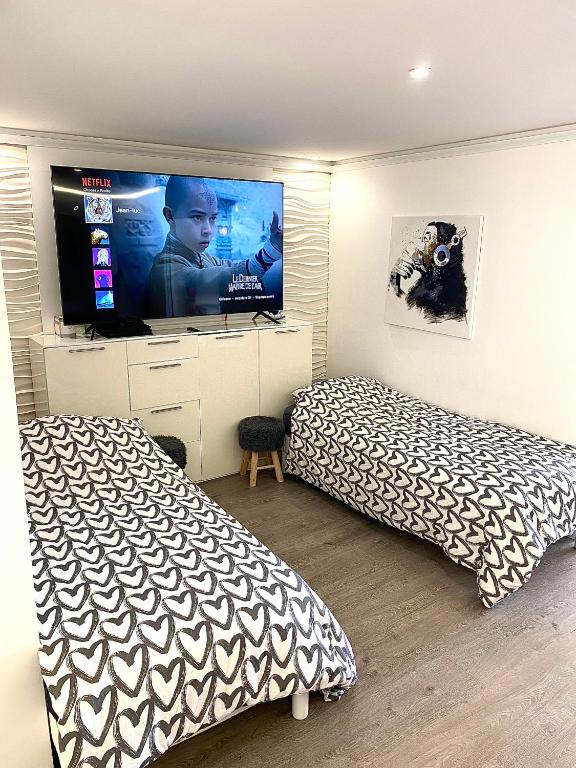 Televízia a/alebo spoločenská miestnosť v ubytovaní Magnifique appartement les pieds dans l’eau à Nice