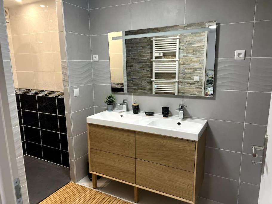 La salle de bains est pourvue d'un lavabo et d'un miroir. dans l'établissement Entre mer et Montagne, à Prades