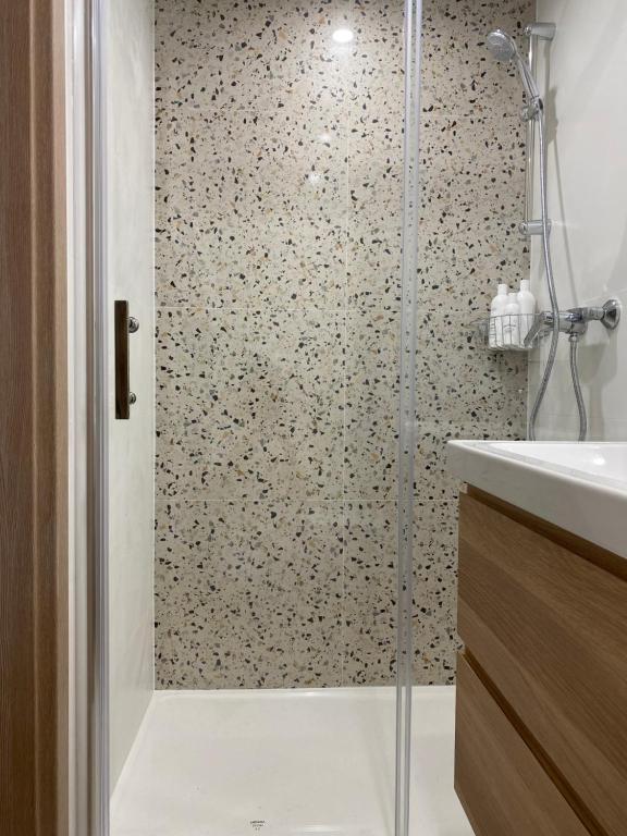 a shower with a glass door in a bathroom at Studio Apartment Park Zrinjevac in Zagreb
