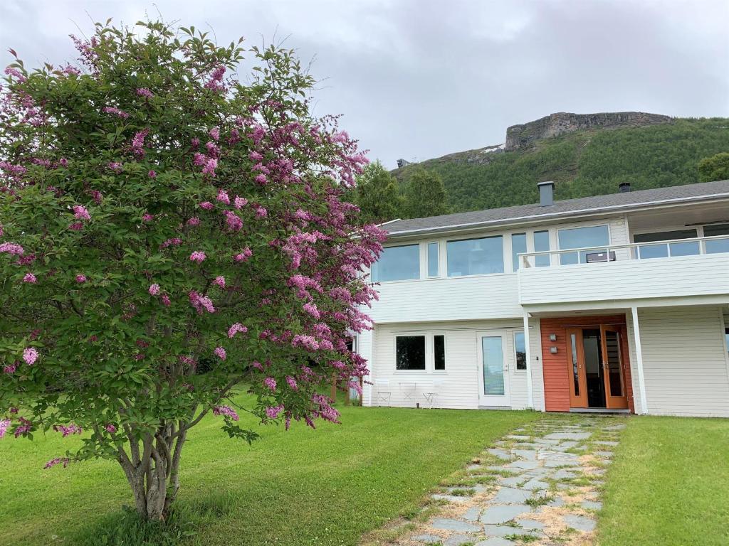 a house with a flowering tree in front of it at Villa top view Tromsø in Tromsø