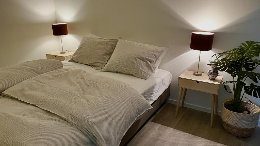 ein Schlafzimmer mit einem Bett mit zwei Lampen und einer Topfpflanze in der Unterkunft B&B de Fruithof in Heteren