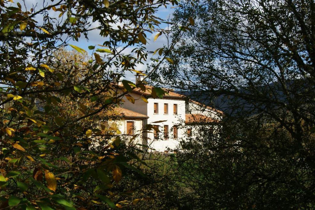 una casa bianca è vista attraverso gli alberi di PENSIÓN RÚSTICA SANTA MARIÑA DA PONTE 